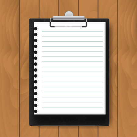 Black Clipboard with lined paper on wood background. Mockup Vector business templateのイラスト素材