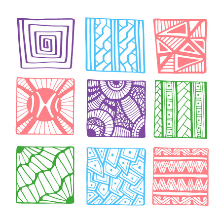 Vector hand drawn squares for coloring book page or decorations. Geometrical line doodle setのイラスト素材