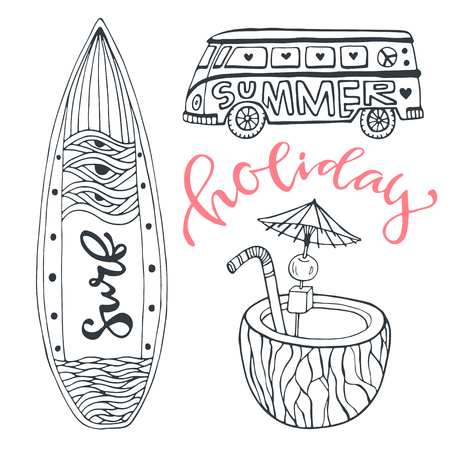 Icon set summer beach vacation with surfboard, coconut drink and hippie bus.のイラスト素材