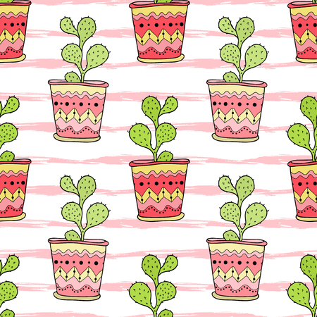Cactuses seamless pattern. Colorful cartoon flowers in pots. Vector background for textile design.のイラスト素材