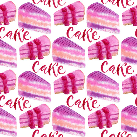 Seamless pattern with hand painted watercolor slice cakes. Package design or wrapping, textileの写真素材