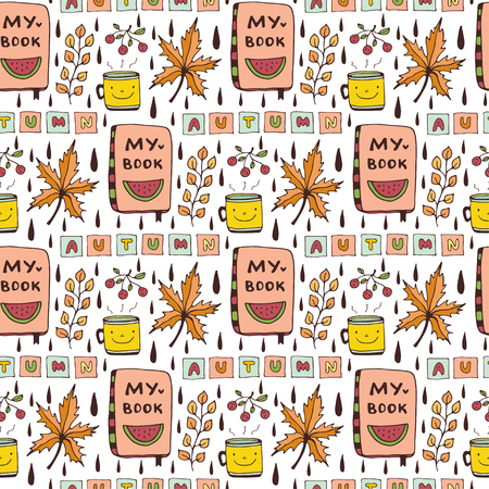 Autumn seamless pattern with funny doodles. Cute kids background for stationery design.のイラスト素材