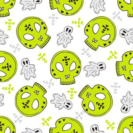 Halloween seamless pattern with skulls and ghosts. Vector background for t-shirts, wrapping paper, textileのイラスト素材
