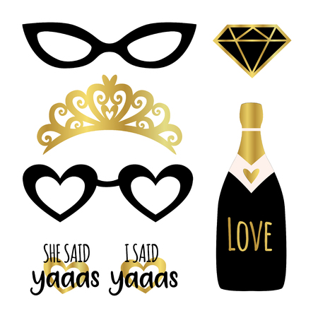 Silhouette set of party photobooth props vector elements. Champagne, crown, glasses, diamond and signs She said Yes - in american trend word.のイラスト素材
