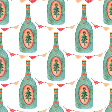 New Year seamless pattern with the Watercolor champagne bottles. Illustration for wrapping paper.の写真素材