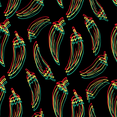 Chilli epper on dark background seamless pattern. Vector kitchen textile design.のイラスト素材