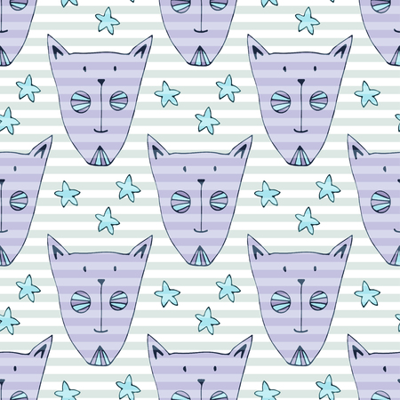 Seamless pattern with funny cats in purple and blue colors. Textile pattern, wrapping paper vector illustration.のイラスト素材