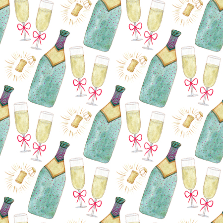Seamless pattern with champagne bottle and glass. Watercolor celebration background. Christmas or Valentines Day backdrop designの写真素材