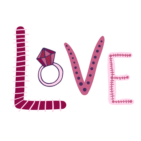 Love vector text. Wedding print with ring. Cute doodle sticker.のイラスト素材