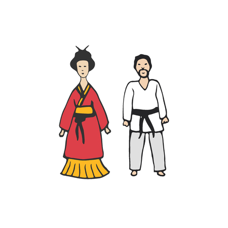 Chinese people in traditional clothes. Man and woman icon. Sticker vector illustrationのイラスト素材
