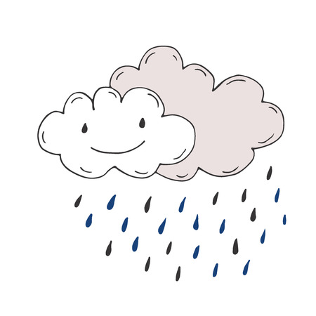 Happy rainy clouds. Doodle illustration. Sticker design. Vector iconのイラスト素材