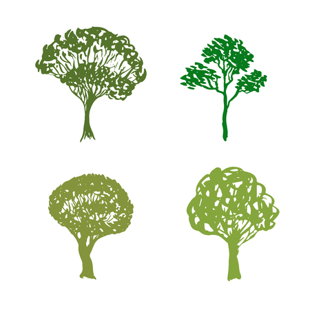 Trees handdrawn icons. Sketched isolated garden elements. Green vector silhouetteのイラスト素材