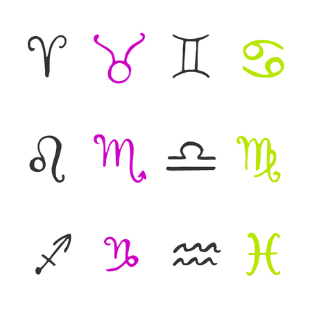 Hand drawn Zodiac signs. Vector astrology icons. Freehand horoscope elementsのイラスト素材