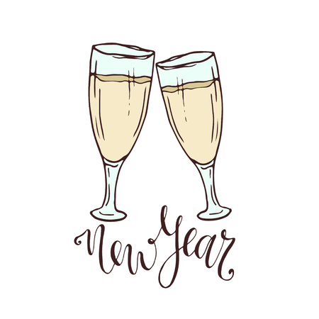 Champagne glasses . New year greeting card. Hand drawn illustration. Sticker print designのイラスト素材