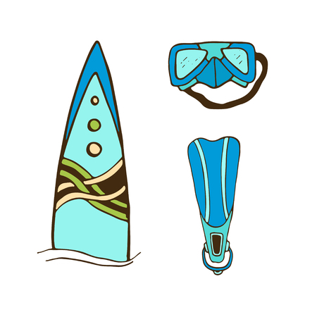 Surfing and diving illustration. Sticker print design. Surfboard and flippersのイラスト素材
