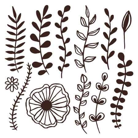 Hand drawn vector leaves decorations. Floral decorative border elements. Branches silhouette vector design for statioinery or invitation greeting cardsのイラスト素材