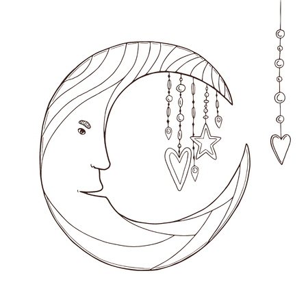 Moon character for kids coloring book. Vector children art print with stars and moon. Slumber party invitation cardのイラスト素材