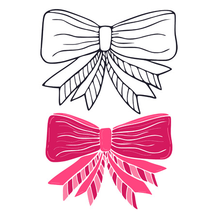 Vector isolated Bows. Monochrome and pink color illustration. Cartoon bow decorationのイラスト素材