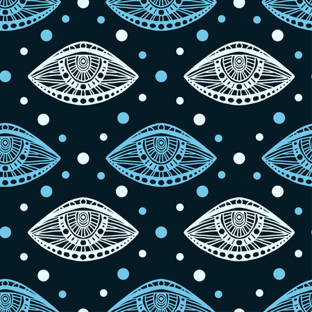 Eyes seamless background. Pattern for textile print design. Retro seamless pattern in blue colorsのイラスト素材