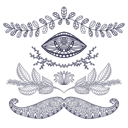Tattoo art design. Floral ornamental leaves ornaments, eye and ornate mustache. Henna tattoo print.のイラスト素材