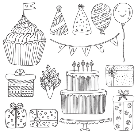 Birthday sketches collection. Presents, cakes and holiday hats. Greeting card decoration for birthday. Valentines day decorations with cupcake and gift boxesのイラスト素材