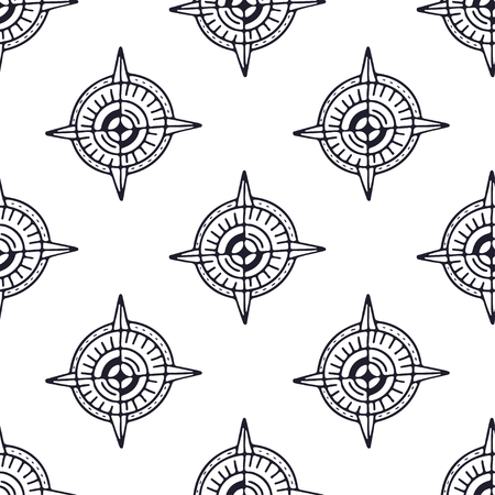 Compass seamless pattern in black and white colors. Minimalistic textile design. Nautical repeating pattern with compassesのイラスト素材
