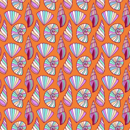 Shells seamless pattern. Summer print on orange background. Seashells pattern design.のイラスト素材