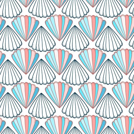 Shells seamless pattern. Nautical background in blue and peach colors. Seashells pattern design.のイラスト素材