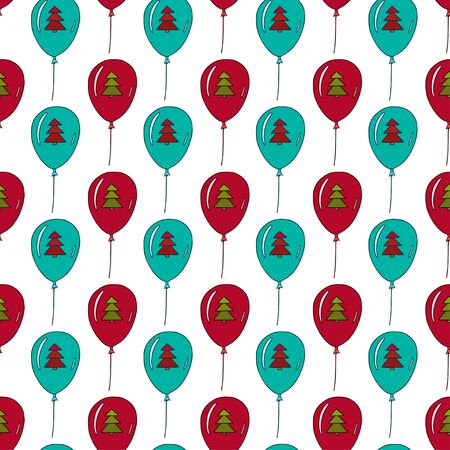 New year balls seamless pattern. Holiday vector background. Christmas pattern for textile design. New year balloon with trees in red and turquoise colorsのイラスト素材