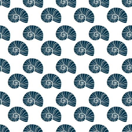 Shells seamless pattern. Repeat vector background. Spiral seashell pattern for textile design. Simple monochrome backdropのイラスト素材