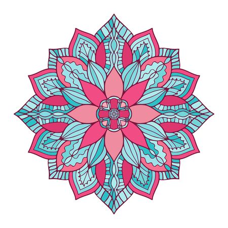 Ornamental Floral Mandala. Carpet ornament pattern. Interior mandala print in turquoise and pink colors. Bright decorative designのイラスト素材