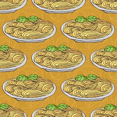 Pasta seamless pattern. Italian food for menu design. Background with spaghetti on plateのイラスト素材