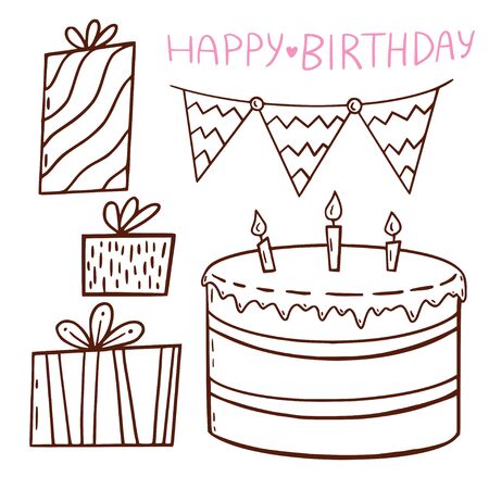 Birthday illustrated outline elements. Presents and cake. Greeting card decoration for birthday. Coloring book decorationsのイラスト素材