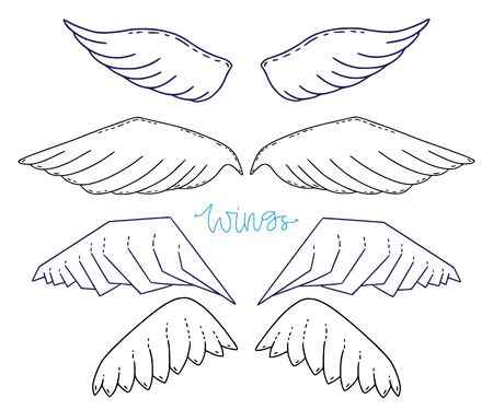 Wings design elements. Vector illustration. Collection of angel wings birds or angelsのイラスト素材