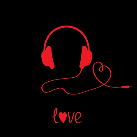 Red headphones with cord . Black background.  Love card. Vector illustration.のイラスト素材