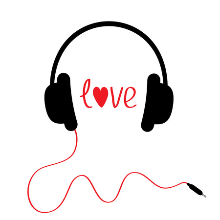 Black headphones with red cord. Isolated. Love card. Vector illustration.のイラスト素材