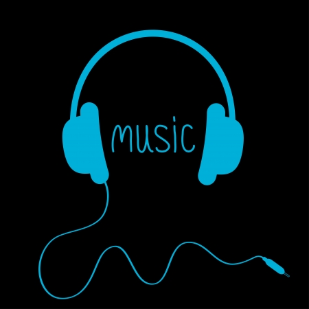 Blue headphones with cord and word Music.  Card. Vector illustration.のイラスト素材