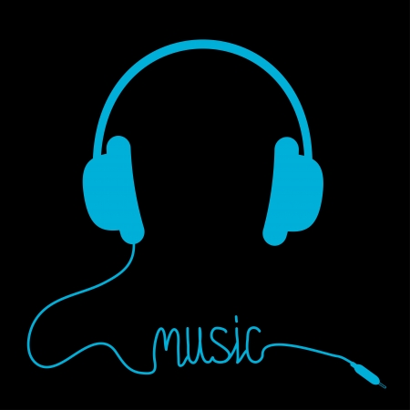 Blue headphones with cord  in shape of word Music. Card. Vector illustration.のイラスト素材