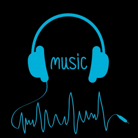 Black headphones with red cord in shape of cardiogram. Card. Vector illustration.のイラスト素材