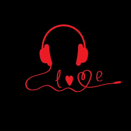 Red headphones.  Black background.  Love card.  Vector illustration.のイラスト素材