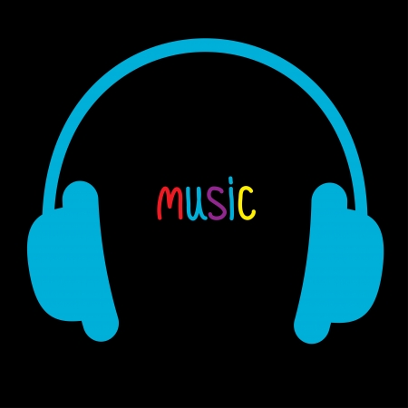 Blue headphones and colorful word Music. Card. Vector illustration.のイラスト素材