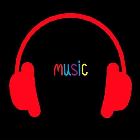 Red headphones and colorful word Music. Card. Vector illustration.のイラスト素材
