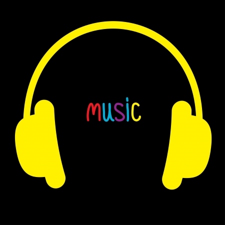 Yellow headphones and colorful word Music. Card. Vector illustration.のイラスト素材