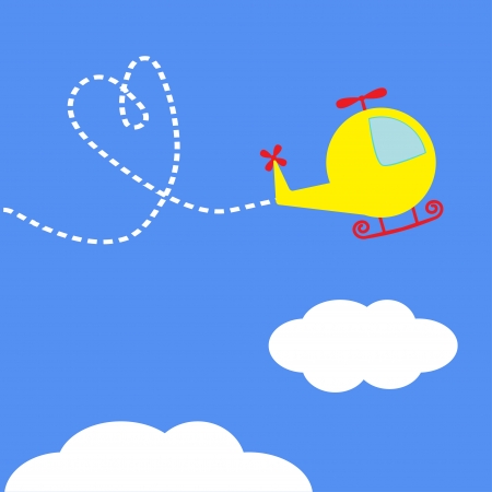 Cartoon helicopter. Dash heart  in the sky. Card. Vector illustration.のイラスト素材