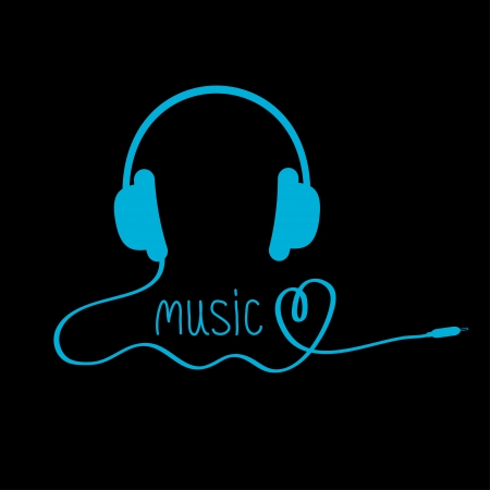 Blue headphones with cord and word Music. Black background. Love card.Vector illustration.のイラスト素材