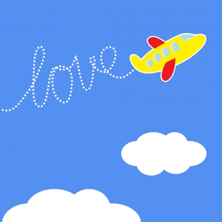 Cartoon plane. Dash word Love in the sky. Love card. Vector illustration.のイラスト素材