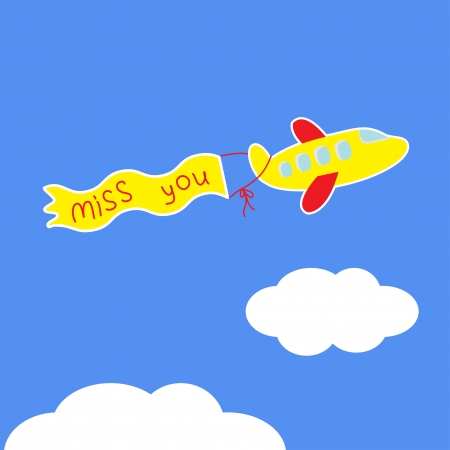 Cartoon plane. Ribbon with words Miss you. Card. Vector illustration.のイラスト素材