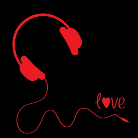Red headphones with cord . Black background.  Love vector card. のイラスト素材