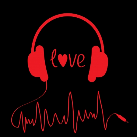 Red headphones with red cord in shape of cardiogram. Love card. Vector illustration.のイラスト素材