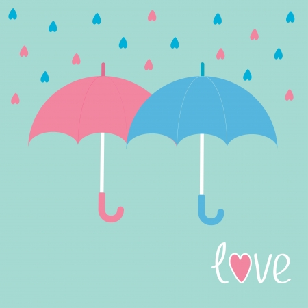 Pink and blue umbrellas. Rain in shape of hearts. Love card. Vector illustration.のイラスト素材